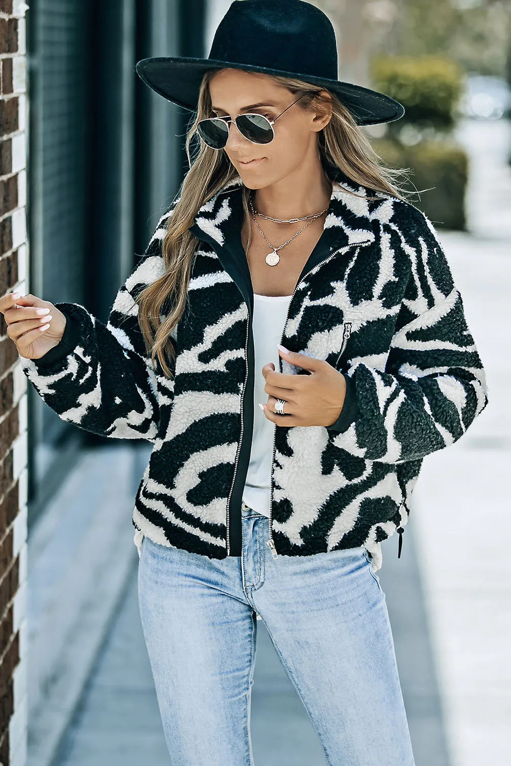 Zebra Teddy Zip-up Black High Neck Jacket