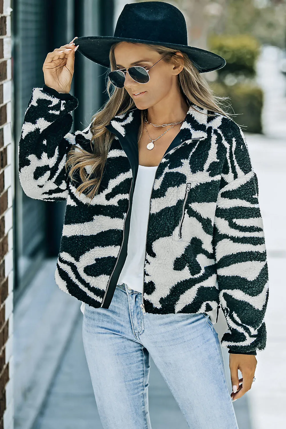 Zebra Teddy Zip-up Black High Neck Jacket