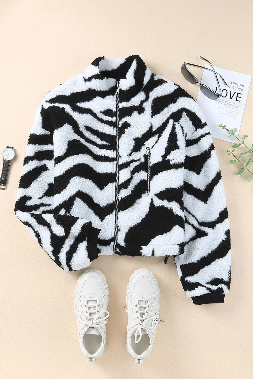 Zebra Teddy Zip-up Black High Neck Jacket